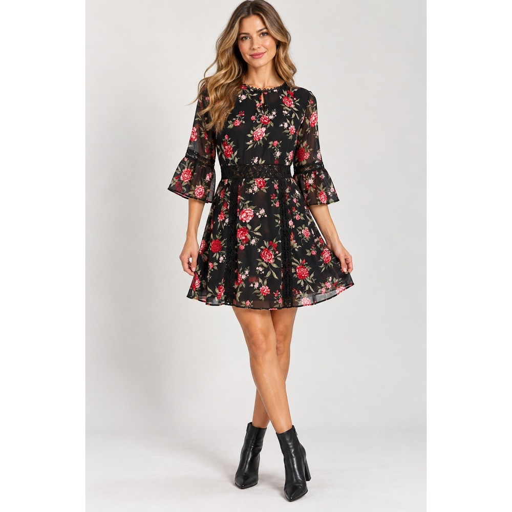 H&M Divided Floral Mini Dress Womens 4 Cottagecore Lace Crochet Rose Print Black
